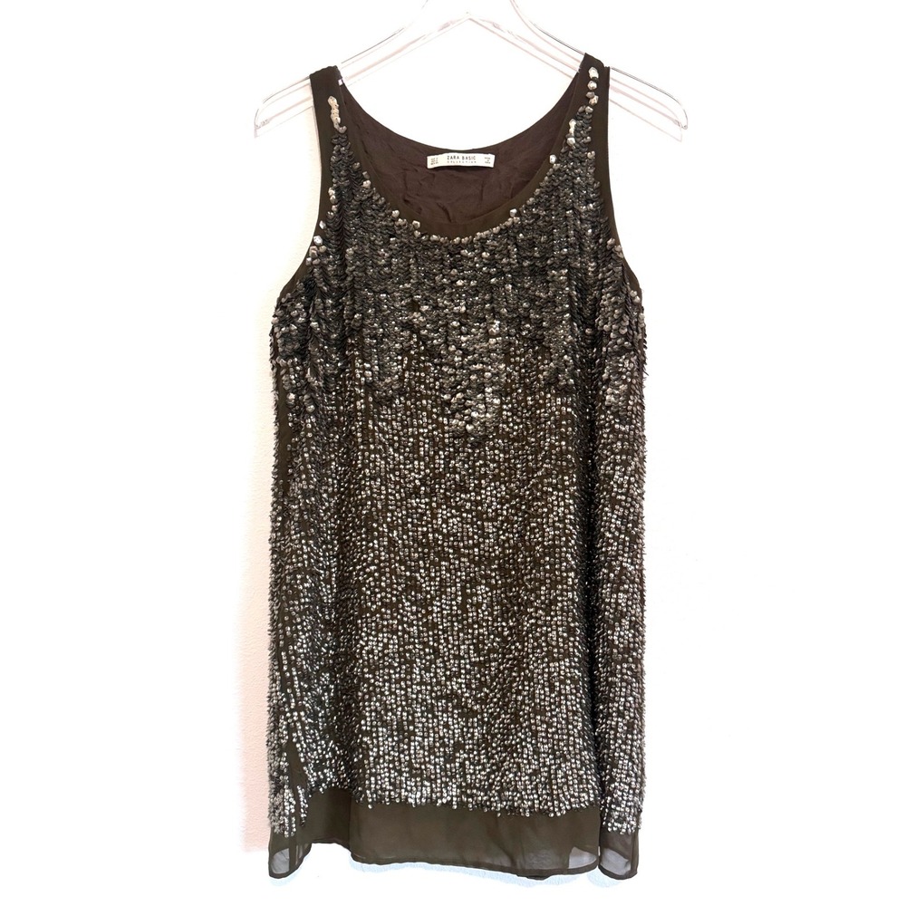 Zara | Basic Women's Brown Metallic Sequin Mini Shift Dress Sleeveless